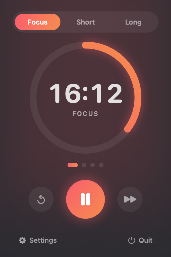 Pomodoro menu-bar popover showing a focus timer